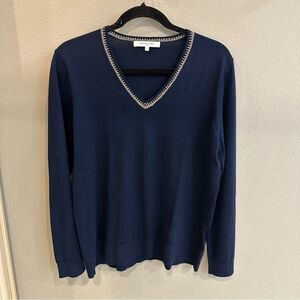 Gerard Daniel | 4 / XL | blue merino wool metallic neckline v neck light sweater